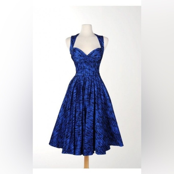 Laura Byrne Blue Flocked Vintage Fit Flare Retro Swing Dress Prom Wedding Formal - Picture 6 of 15